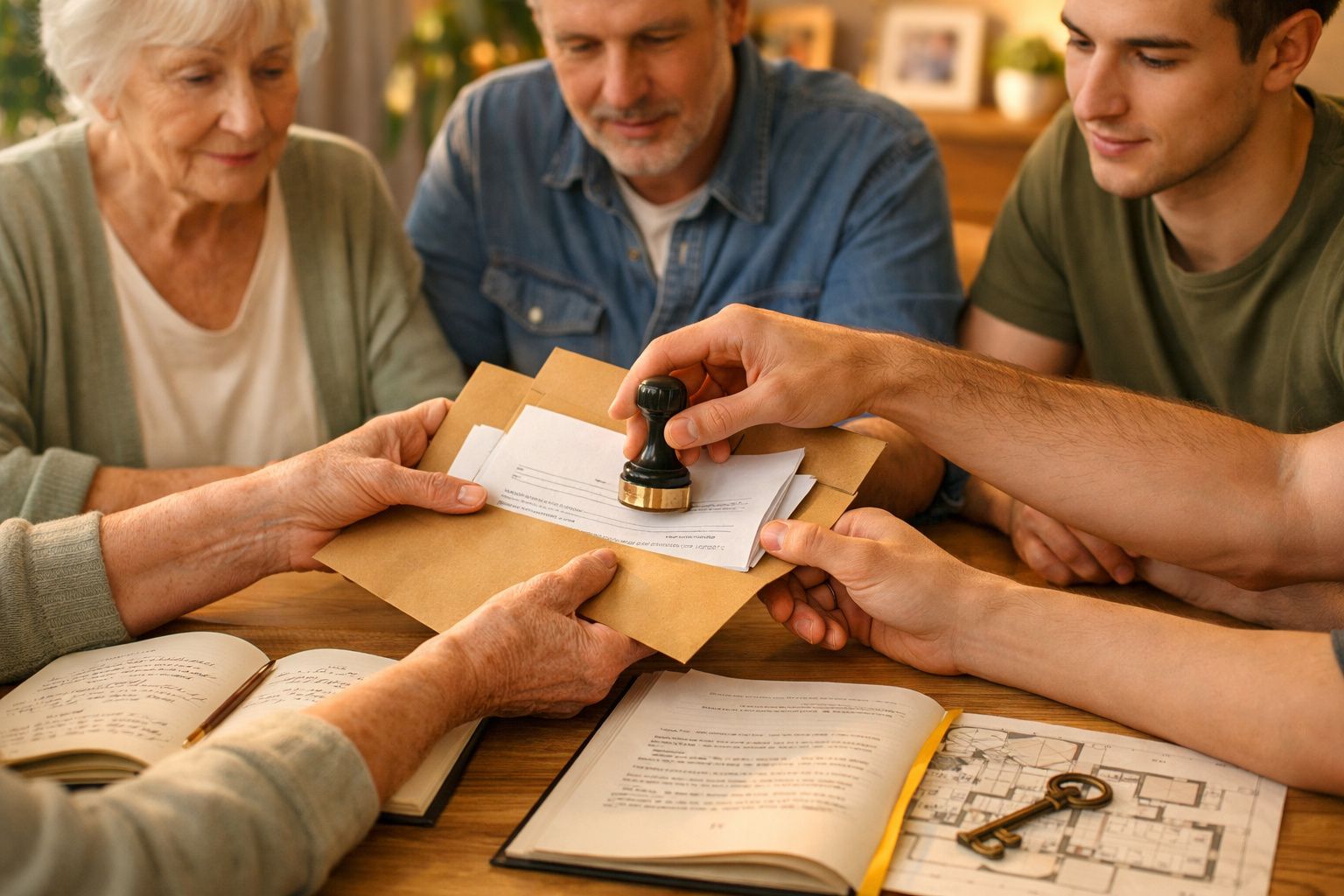Grupo de pessoas sentadas à mesa, a selar documentos em sobrescrito castanho, com livros e plantas ao fundo.
