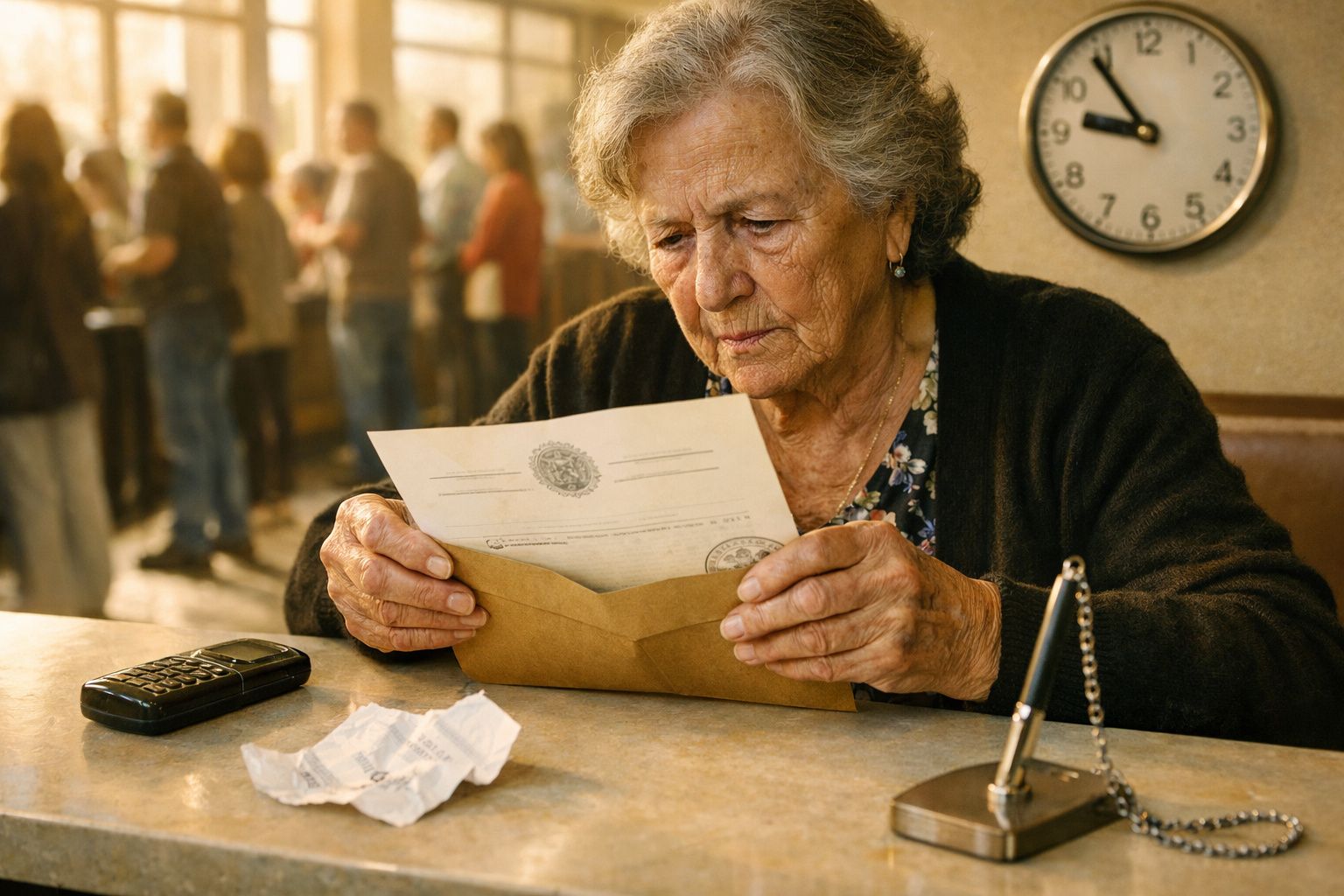 Idosa segurando uma carta em envelope, sentada numa mesa com um telemóvel e papel ao lado. Relógio na parede ao fundo.