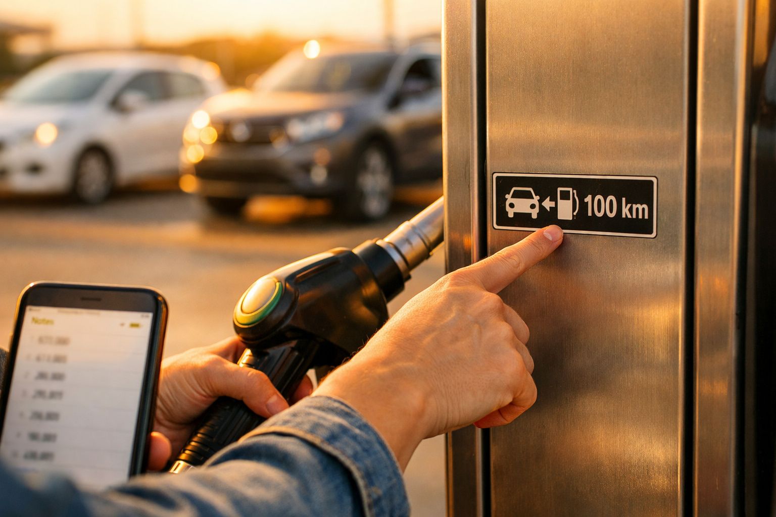 Pessoa segura bomba de combustível e aponta para sinal com ícone de carro e bomba, indicando distância de 100 km.