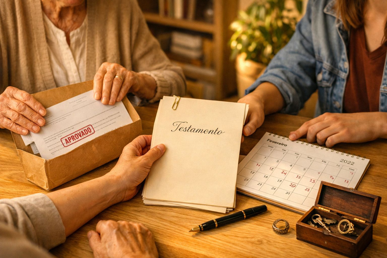 Mãos segurando testamento e envelope aprovado, ao lado de calendário de fevereiro de 2022 e caixa de jóias.