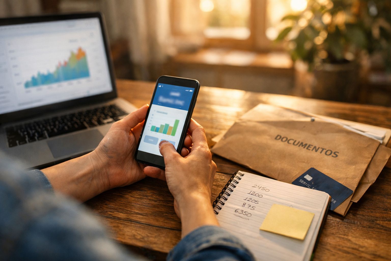 Pessoa analisa gráficos no telemóvel, com portátil, bloco de notas e envelope de documentos sobre a mesa.