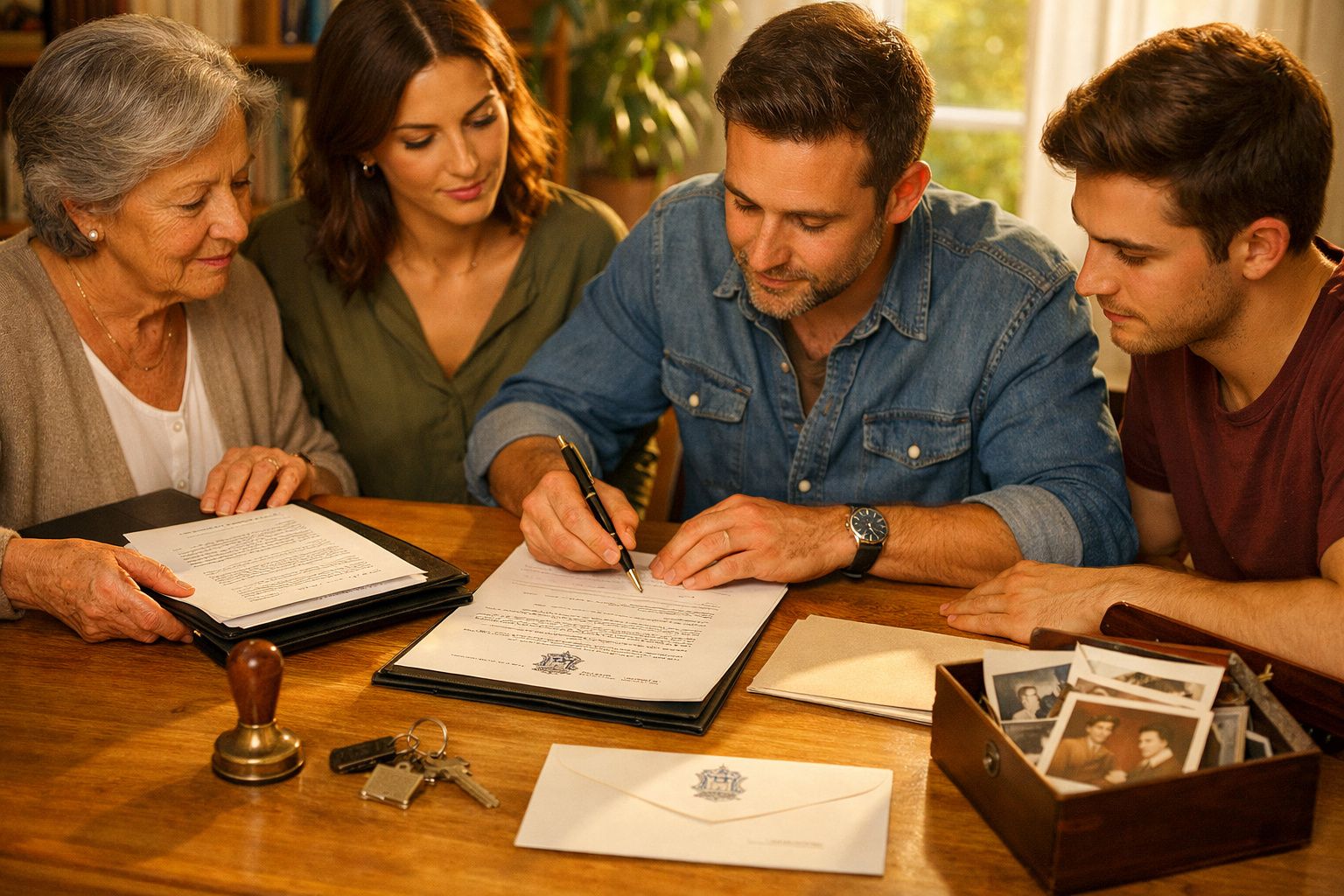 Quatro pessoas à mesa, examinando documentos e fotografias antigas, com chave e selo de cera presentes.