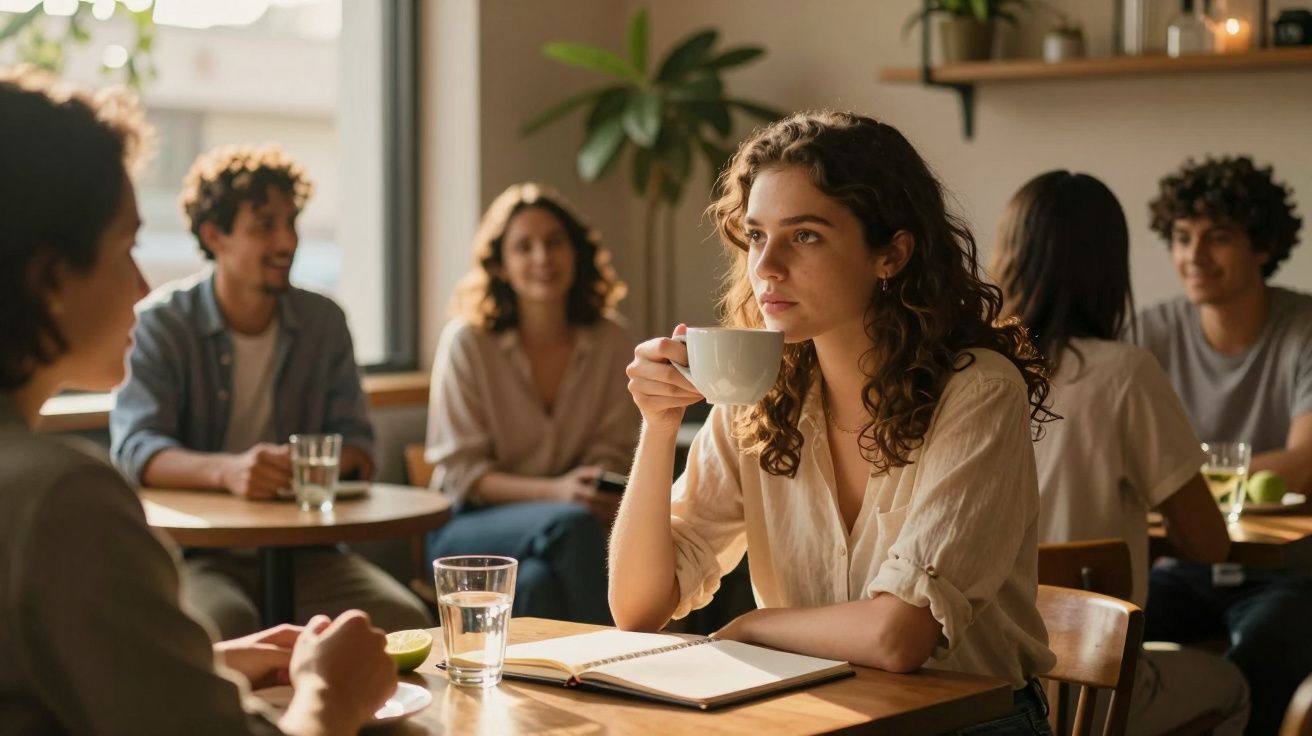 Mulher num café, rodeada por amigos, a beber chá e a olhar pela janela. Caderno aberto à sua frente sobre a mesa.