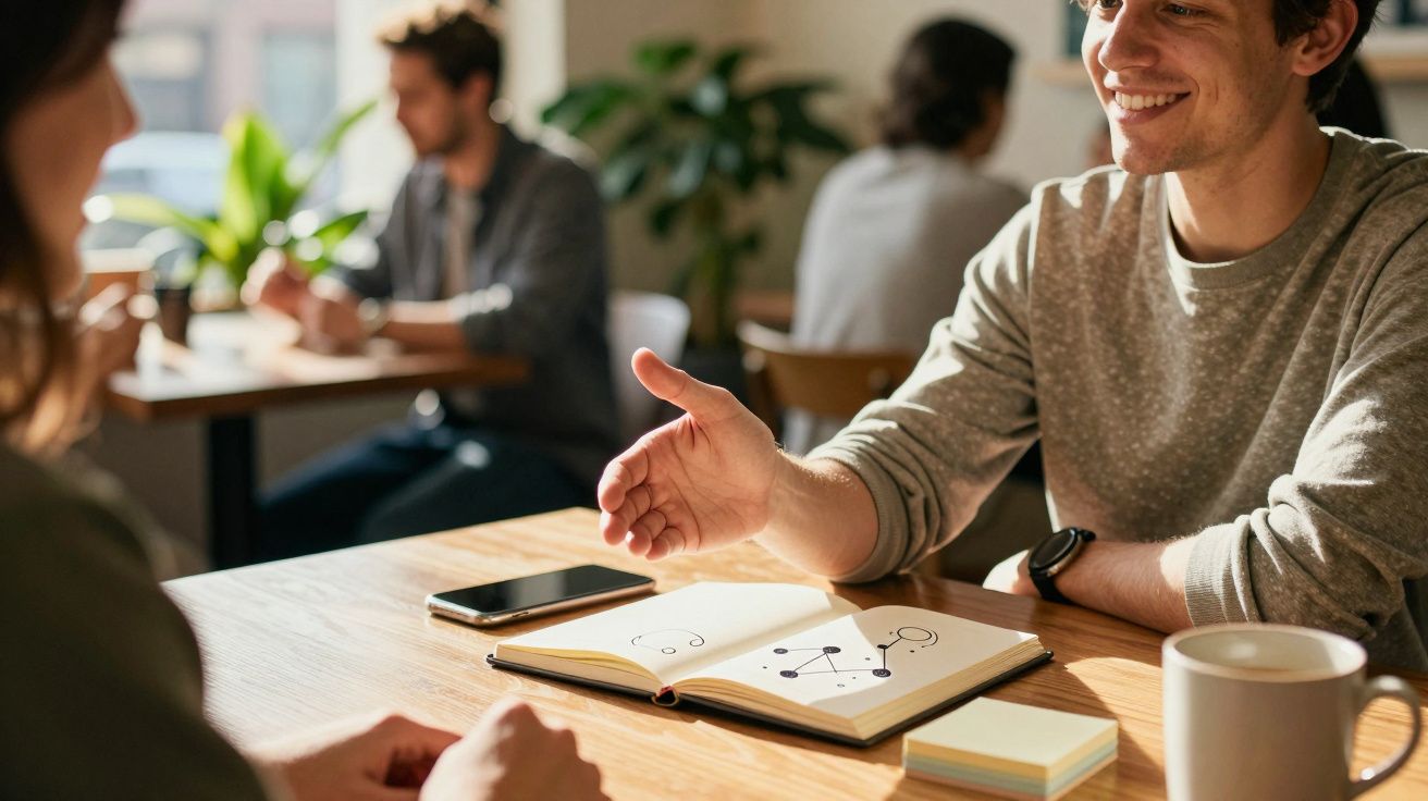 Homem sorridente estende a mão a uma mulher sobre uma mesa com um caderno, caneca e telemóvel em café iluminado.