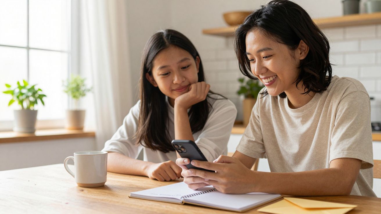 Duas jovens sentadas à mesa, uma olha para o telemóvel, a outra observa, ambos sorrindo. Ambiente caseiro e plantas ao fundo.