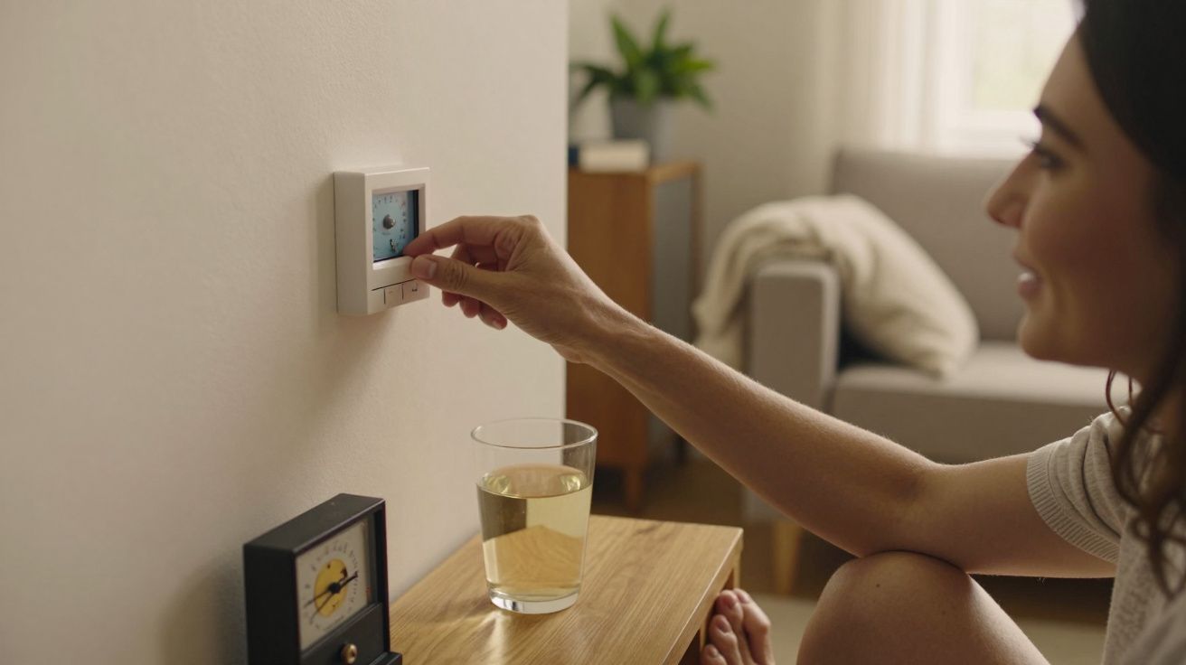 Mulher ajusta termostato na parede, com um copo de água em cima de uma mesa ao lado.