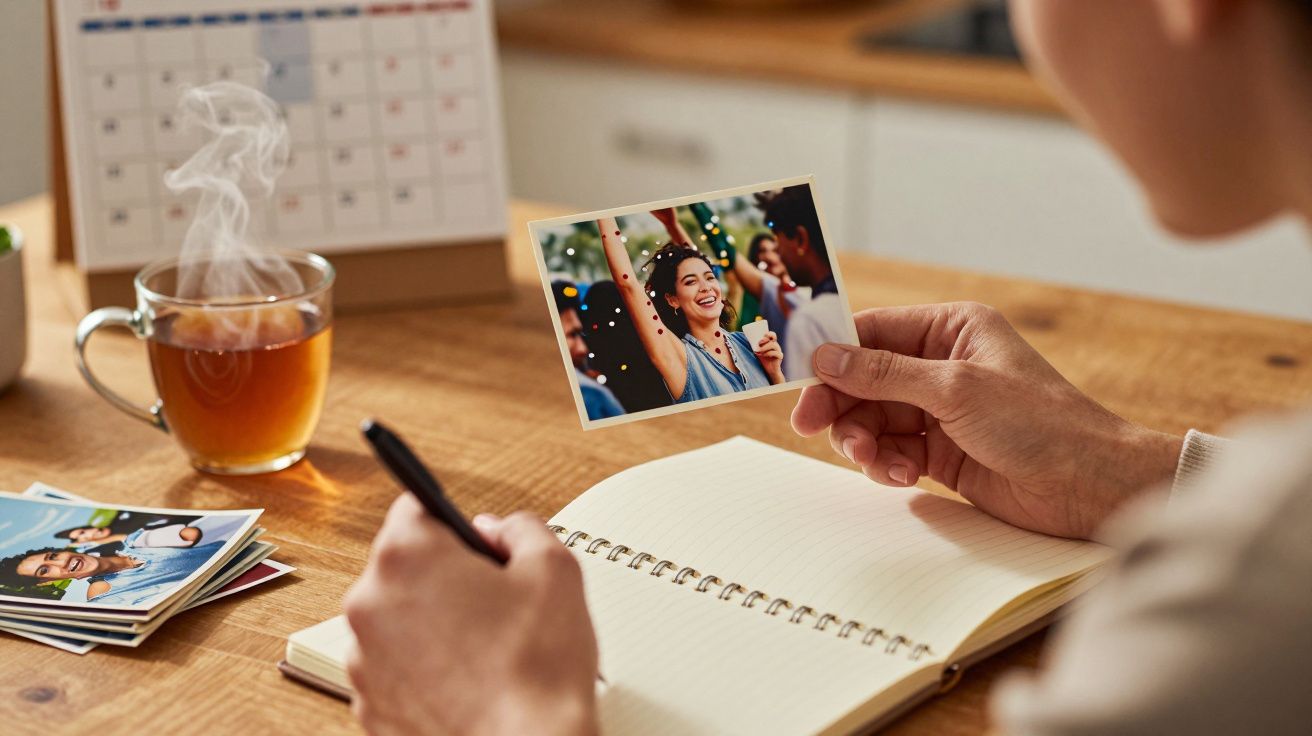 Pessoa escreve num caderno enquanto segura uma foto. Chá fumegante e calendário em fundo.