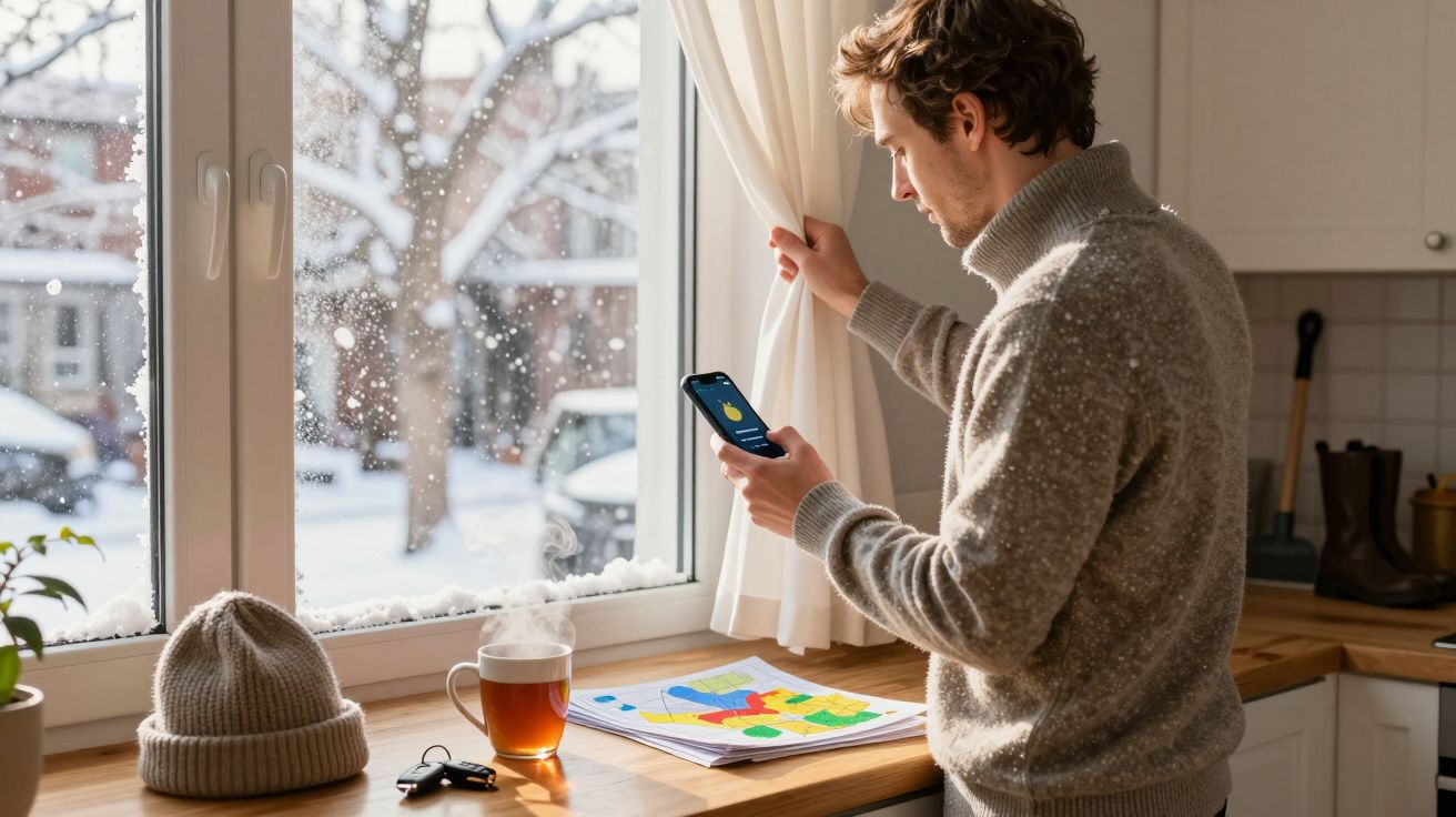 Homem junto à janela com neve, segurando telemóvel; chá, mapa e chapéu na bancada.