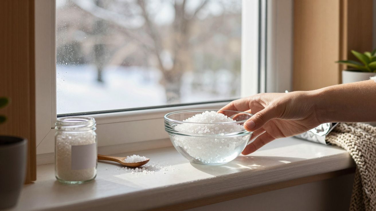 Mão segurando uma tigela de sal grosso perto de uma janela, com frasco e colher ao lado.