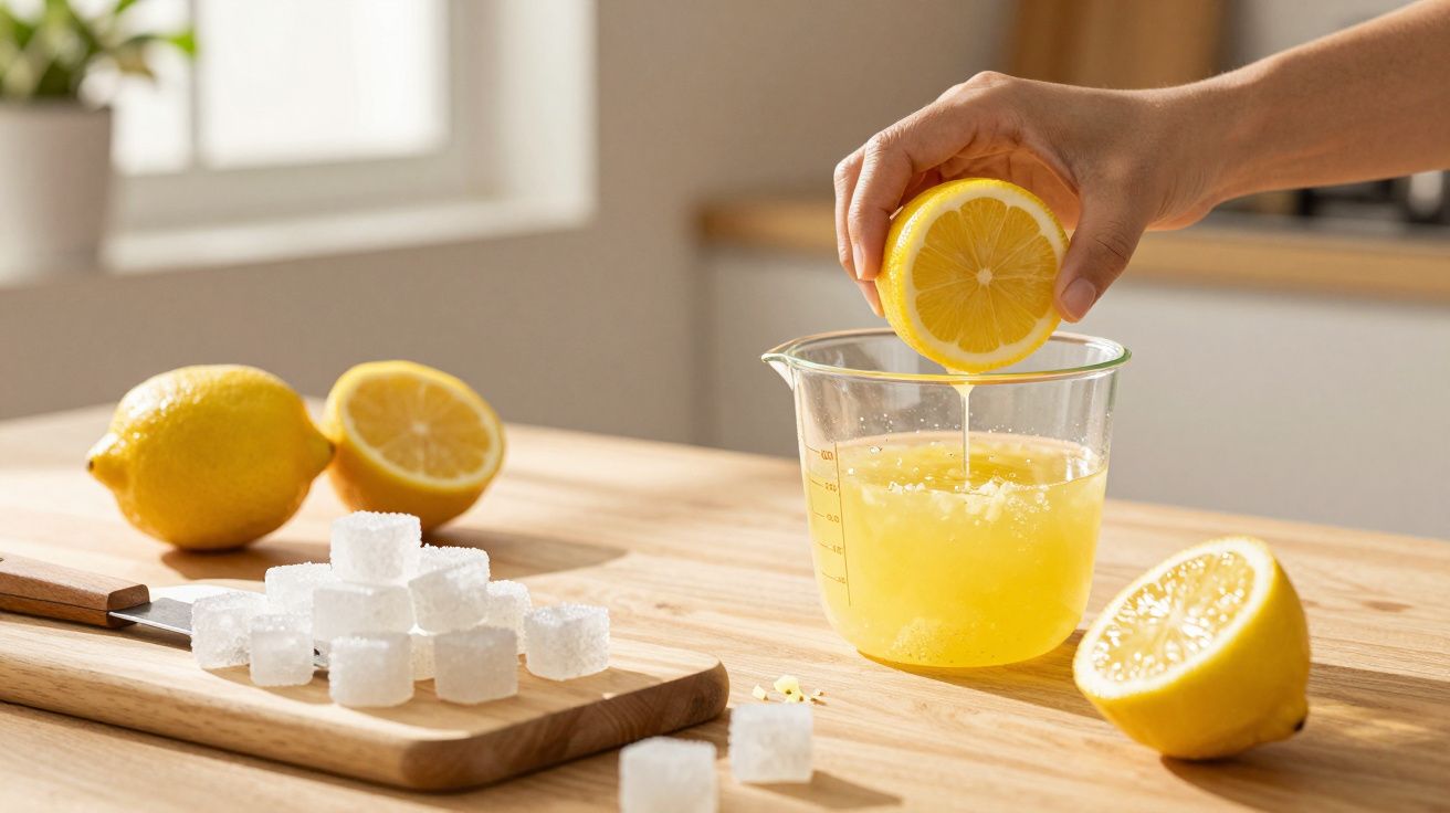 Mão a espremer limão num copo medidor com suco; cubos de açúcar e limões na tábua de madeira ao lado.