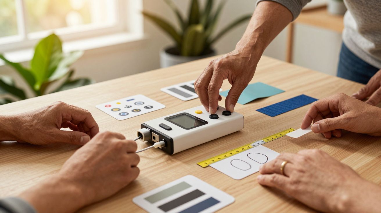 Três pessoas colaboram numa mesa com um dispositivo eletrónico e cartões de design.