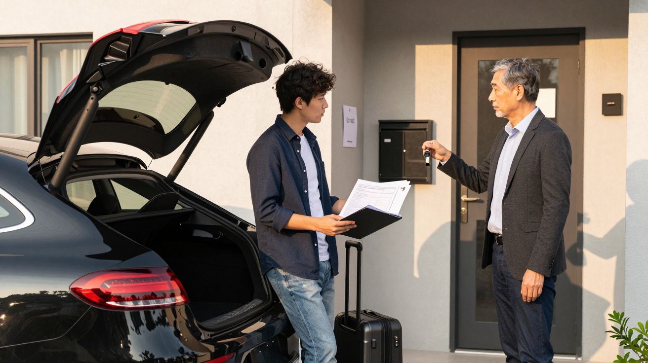 Homem jovem junto ao porta-bagagens aberto de um carro, recebendo chave de casa de um homem mais velho numa entrada.