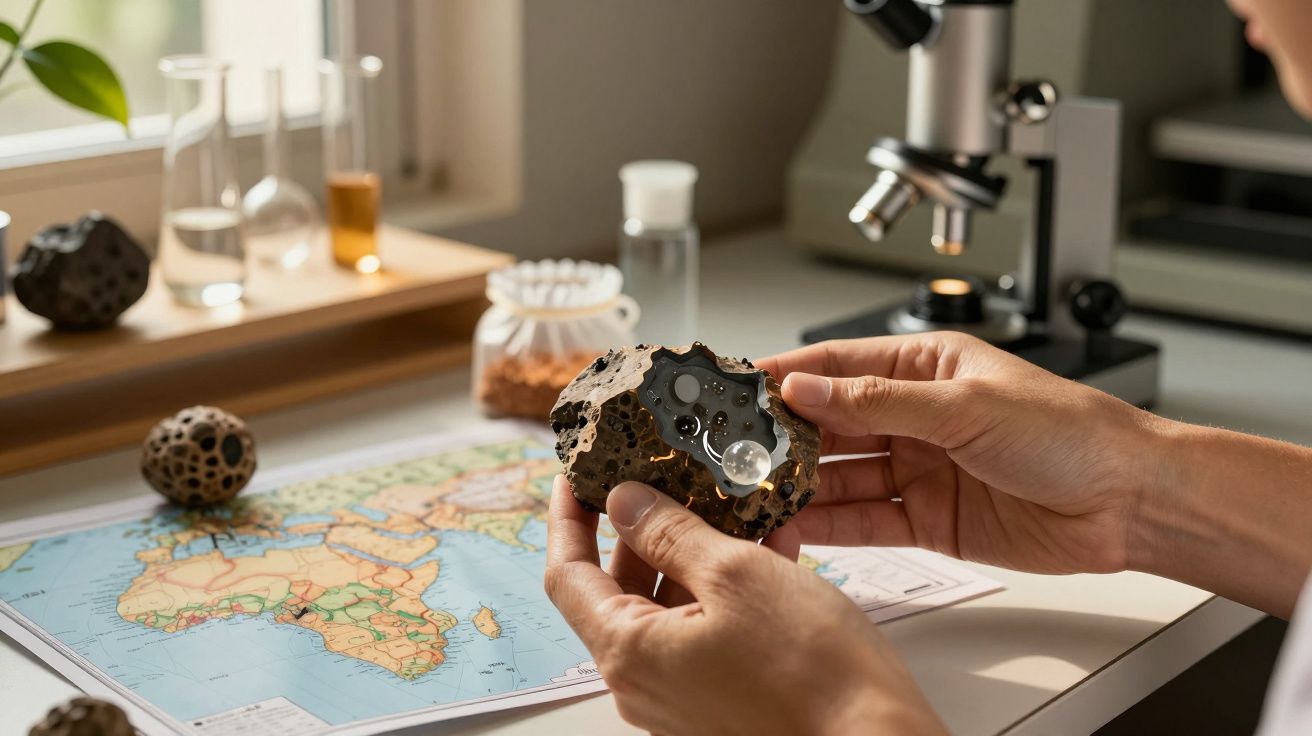 Mãos seguram uma rocha vulcânica sobre um mapa, com frascos e microscópio ao fundo.