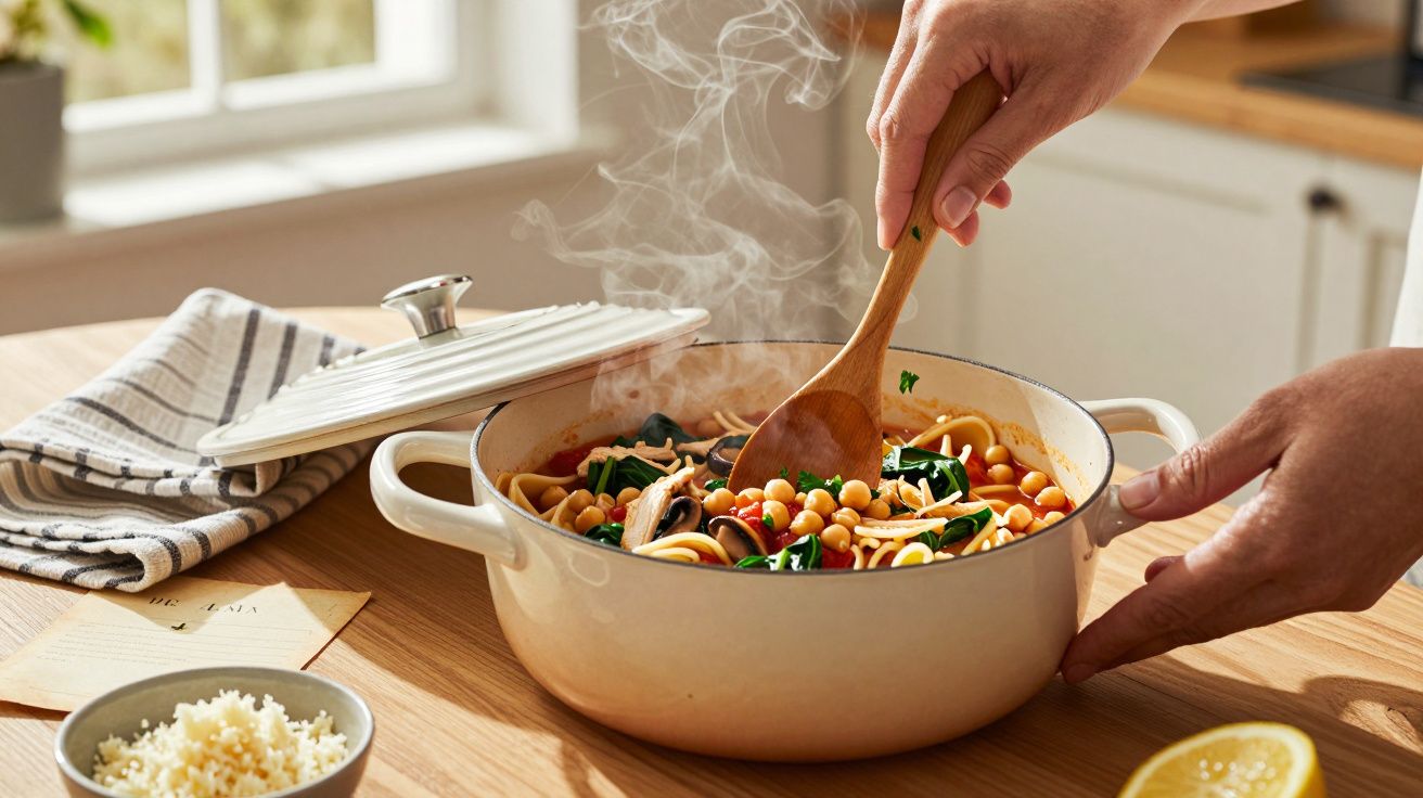 Pessoa a misturar prato quente de macarrão e leguminosas numa panela sobre a bancada da cozinha.