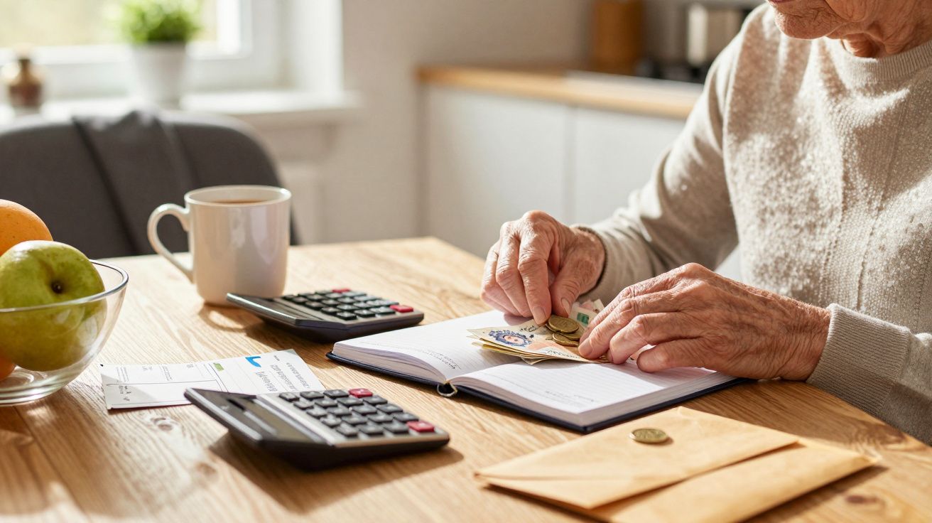 Pessoa idosa contando dinheiro à mesa com cadernos, calculadora e fruta ao lado.