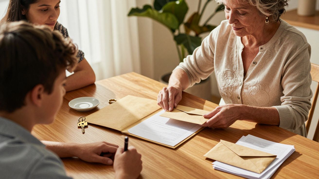 Idosa entrega envelope a jovens sentados à mesa com documentos e chaves.