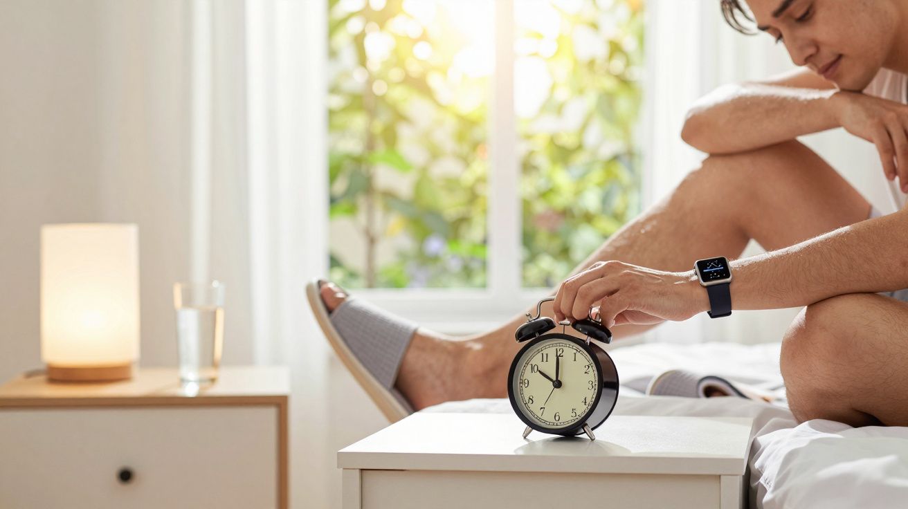 Homem deitado na cama desliga um despertador enquanto usa chinelos no quarto iluminado pelo sol da manhã.