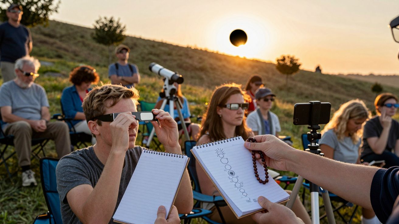 Pessoas observam um eclipse solar com óculos especiais e tiram notas em cadernos, ao ar livre, no pôr do sol.