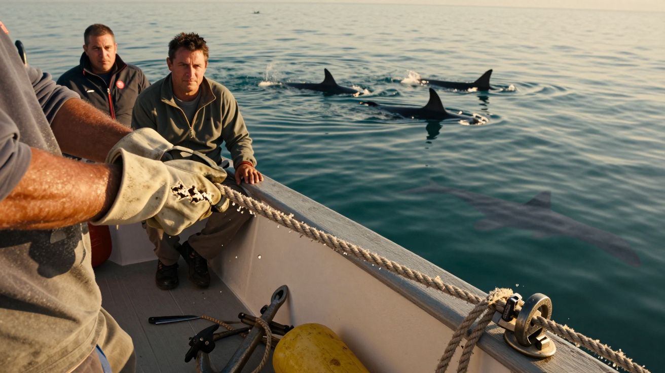 Três homens num barco com golfinhos a nadar ao lado na água calma, ao pôr do sol.