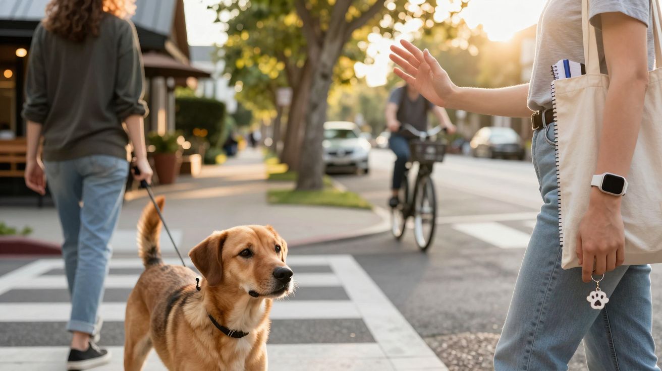 Pessoa atravessa passadeira com cão ao lado; ciclista ao fundo.