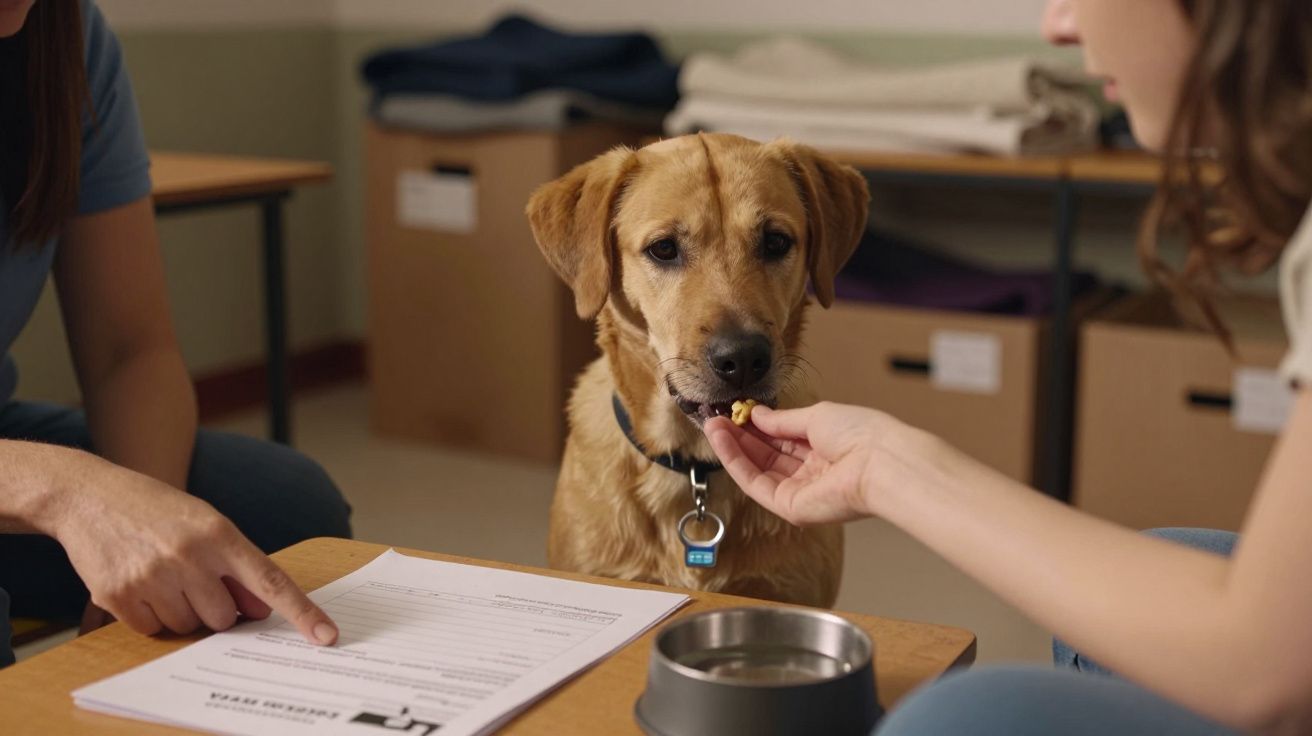Cão castanho recebe um petisco enquanto duas pessoas visualizam um documento numa mesa.