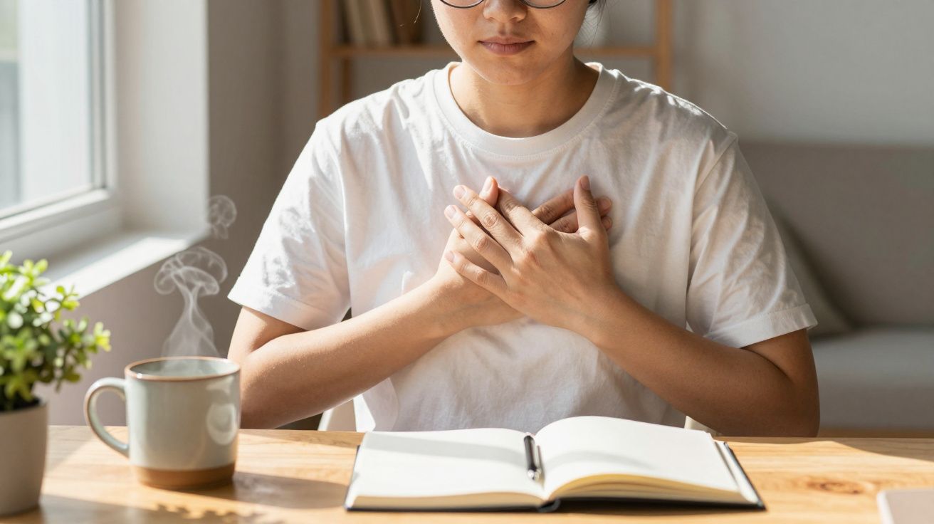 Mulher de óculos meditando à mesa, com uma caneca e livro aberto, mãos sobre o peito.