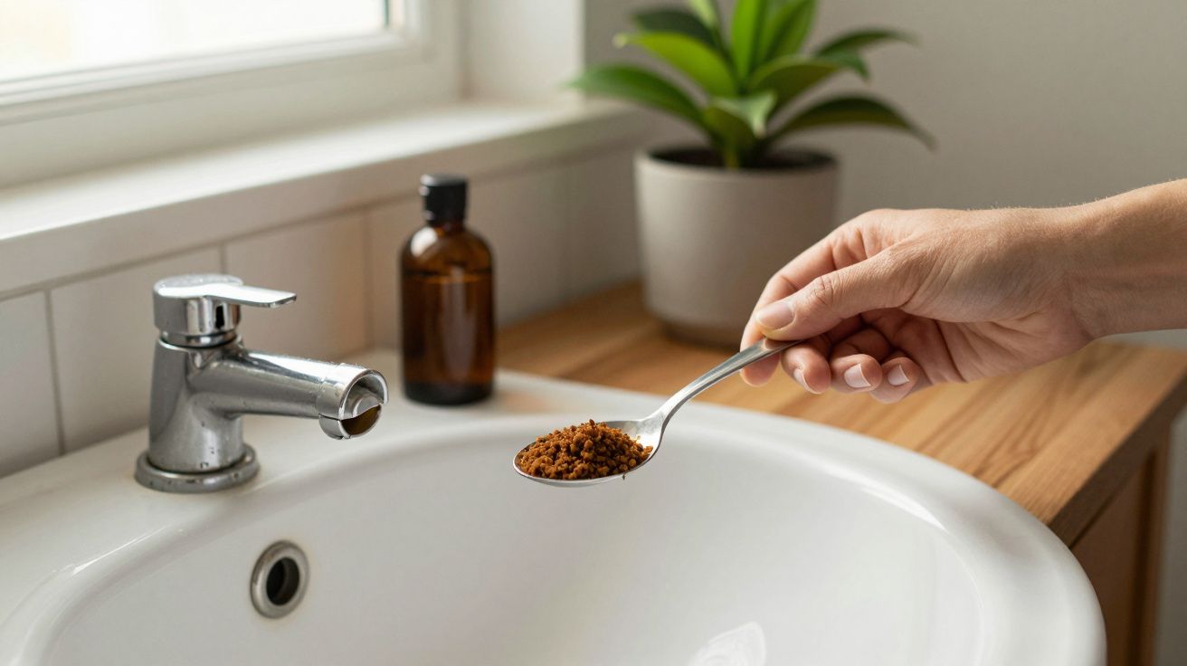 Mão segurando colher com borras de café sobre lavatório, ao lado de uma torneira e frasco de vidro.